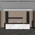 Modern Front Desk Reception Area With Marble Counter Wooden Walls Golden Sculpture And Lighting
