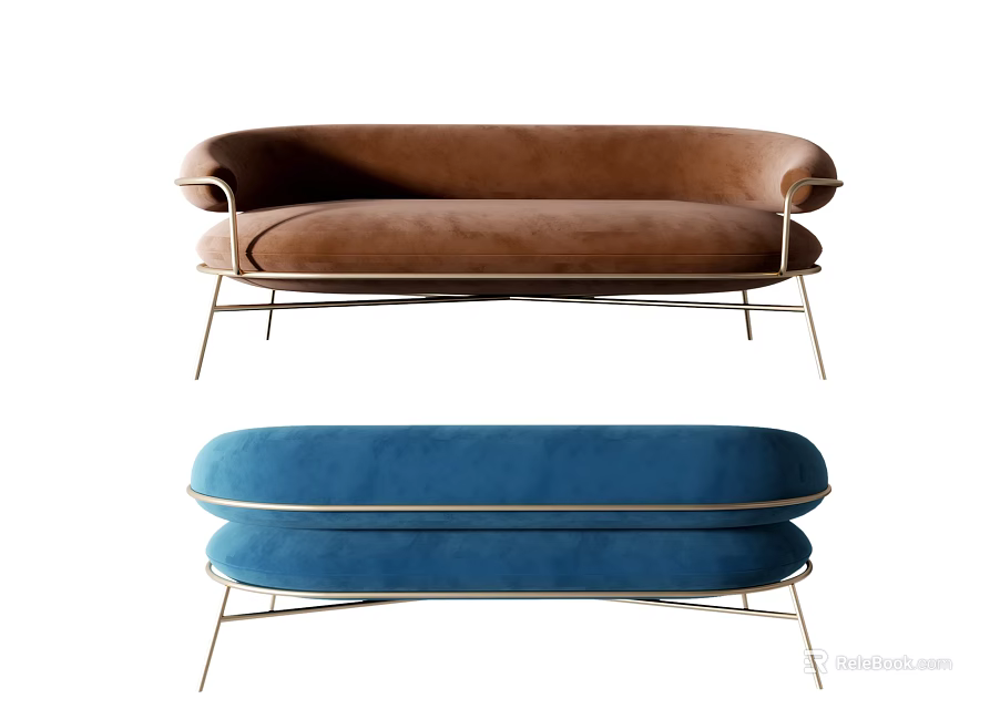 Modern Brown and Blue Two Seater Sofas With Velvet Upholstery And Metal Legs 3d model 