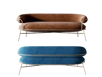 Modern Brown and Blue Two Seater Sofas With Velvet Upholstery And Metal Legs 3d model