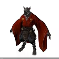Man With Wolf Head In Red Kimono And Armor Belt Standing On White Background
