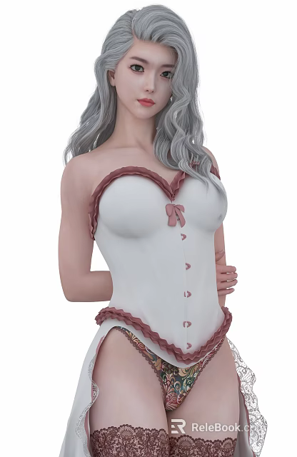 Woman with silver gray long hair wearing white corset with pink trim bow and buttons 3d model 