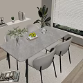 Modern Minimalist Dining Table Set With Light Grey Chairs Marble Top And Green Plants