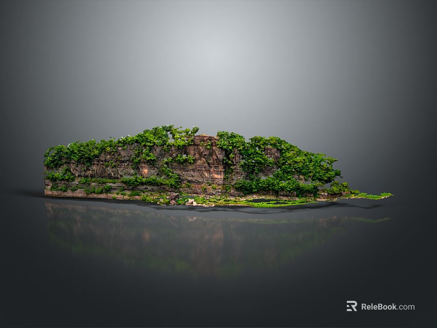 Home Decor Rock Ornament with Lush Green Plants and Reflective Surface for Tabletop 3d model 