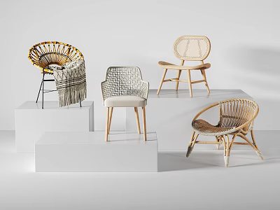Woven Leisure Chairs with Wooden Frames in Various Styles on White Display Platforms 3d model