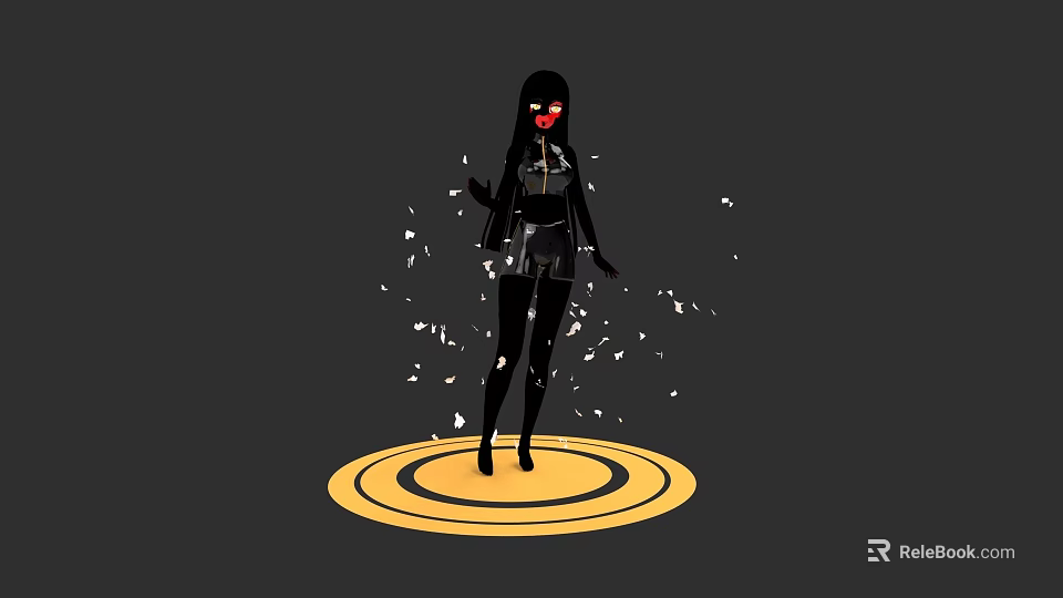 Woman in black outfit with red mask standing on yellow circular platform with white fragments 3d model 