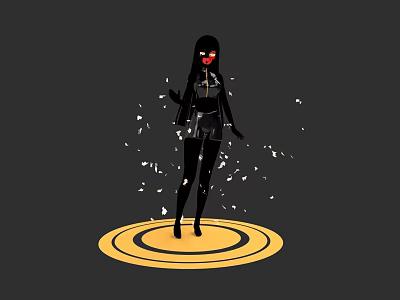 Woman in black outfit with red mask standing on yellow circular platform with white fragments 3d model