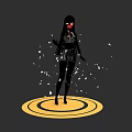 Woman in black outfit with red mask standing on yellow circular platform with white fragments