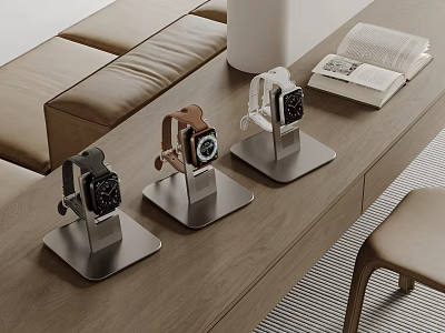 Smartwatches On Stands In Modern Living Room With Sofa And Book 3d model