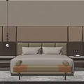 Double Bed Featuring Woven Headboard Wall Beige Upholstered Headboard Footstool Nightstands And Pendant Light