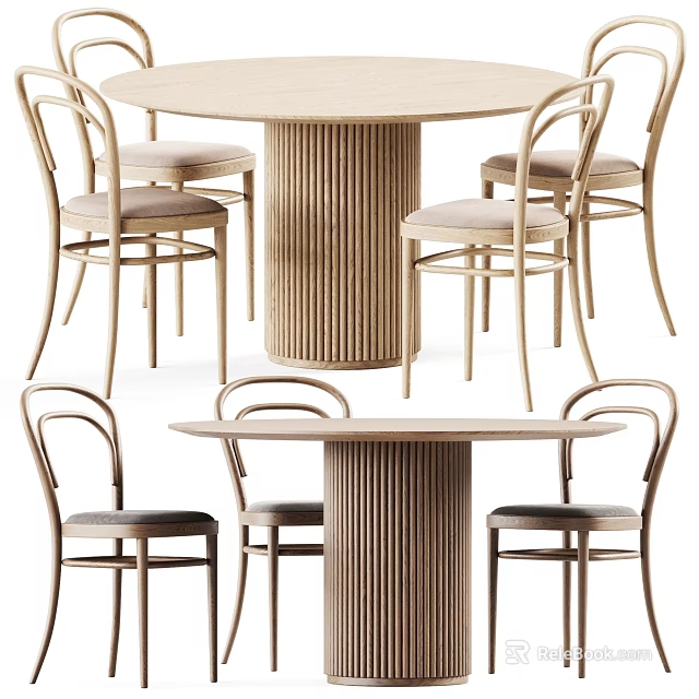 Elegant Modern Wooden Dining Table Set With Ribbed Pedestal Base And Curved Back Chairs 3d model 