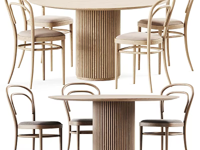 Elegant Modern Wooden Dining Table Set With Ribbed Pedestal Base And Curved Back Chairs 3d model