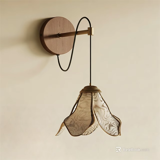 Round Wooden Base Wall Lamp With Black Metal Bracket And Beige Patterned Petal Shaped Shade 3d model 