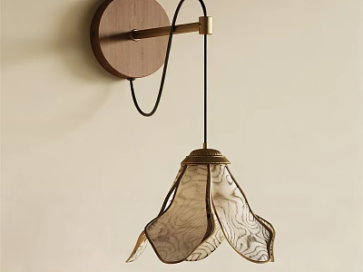 Round Wooden Base Wall Lamp With Black Metal Bracket And Beige Patterned Petal Shaped Shade 3d model
