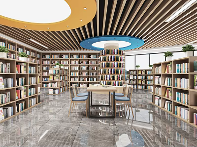 Book Art Inspired Library Interior With Wooden Bookshelves Colorful Ceiling Round Tables And Chairs 3d model