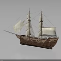 Vintage Wooden Sailing Ship With Twin Masts And White Canvas Sails