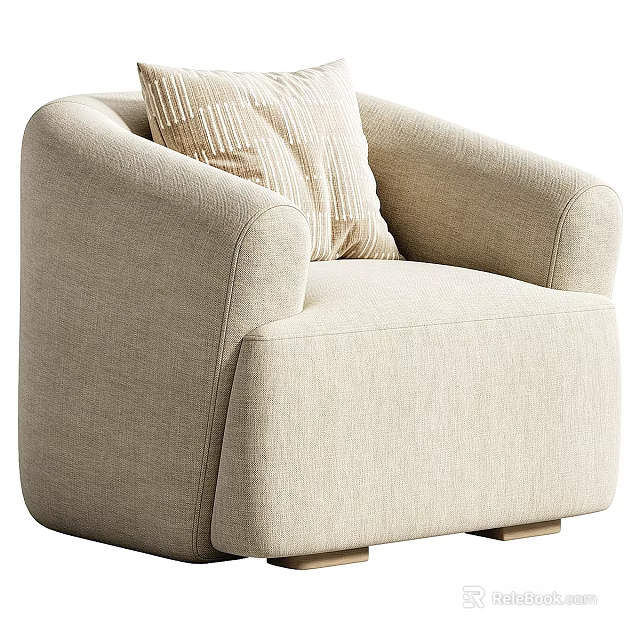 Comfortable Beige Fabric Leisure Chair with Armrests Decorative Pillow and Wooden Legs 3d model 