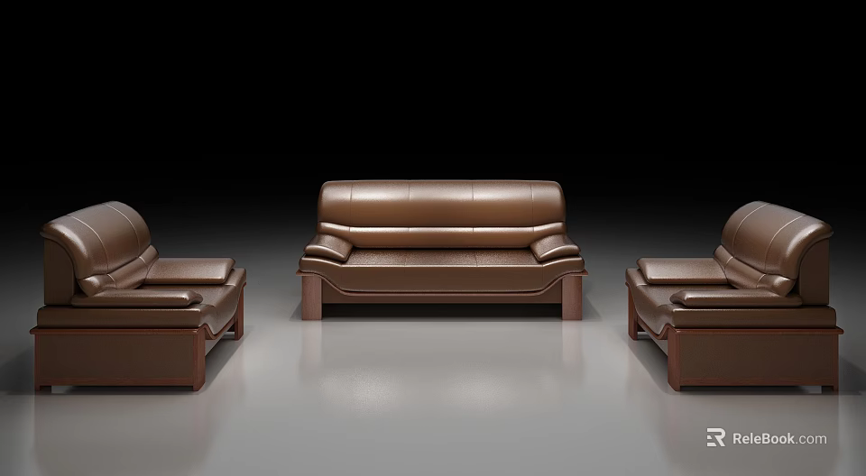 Modern Brown Leather Sofa Set With Three Seater Sofa And Armchairs 3d model