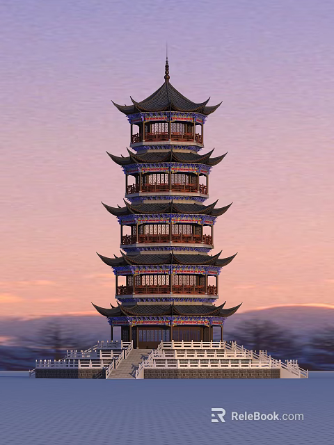 Traditional Ancient Chinese Pagoda With Tiered Structure Curved Eaves Sunset Sky 3d model 