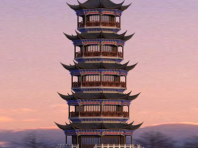 Traditional Ancient Chinese Pagoda With Tiered Structure Curved Eaves Sunset Sky 3d model
