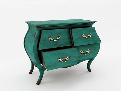 Teal Vintage Chest of Drawers with Golden Handles and Curved Legs 3d model