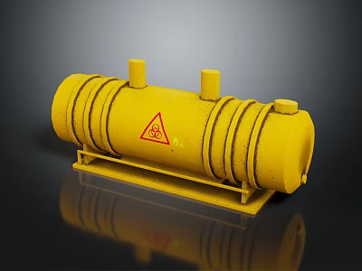 Yellow Cylindrical Industrial Storage Tank With Warning Sign And Support Stand 3d model