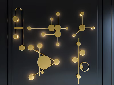 Golden Illuminated Geometric Wall Lamps With Circular And Linear Design On Black Background 3d model