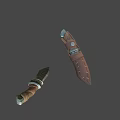 3D Model Knife with Textured Blade Brown Leather Wrapped Handle and Sheath with Metal Accents