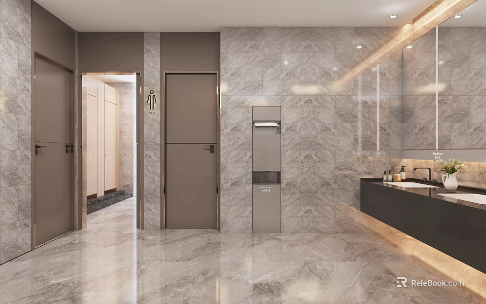 Public Restroom Modern Interior Design With Marble Walls Hand Dryer Sink And Mirrors 3d model 