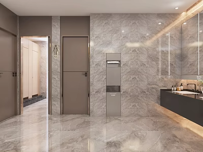 Public Restroom Modern Interior Design With Marble Walls Hand Dryer Sink And Mirrors 3d model