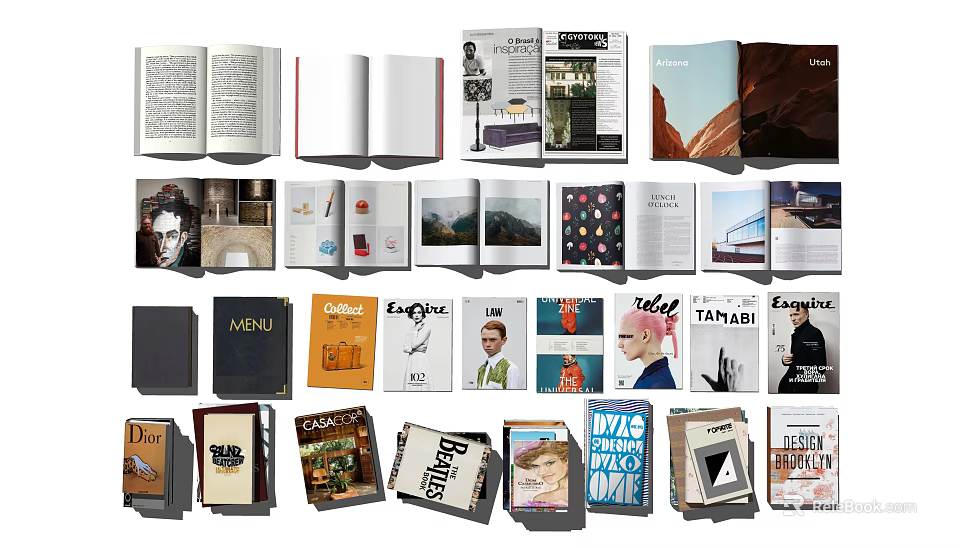 Various Books and Magazines With Colorful Covers Open Pages and Diverse Designs Collection 3d model 