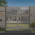Modern Entrance Gate With Vertical Slats Design Surrounded By Greenery And Concrete Walls