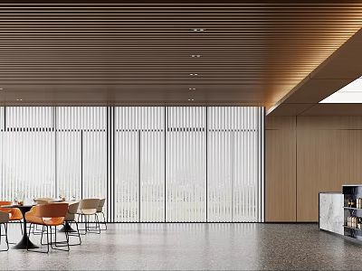 Modern Café Interior With Wooden Ceiling Louvered Partition Tables Chairs And Bar Counter 3d model