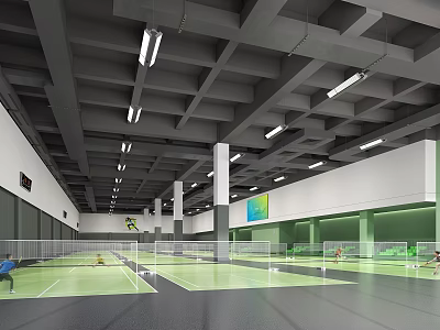 Indoor Badminton Court For Fitness With Multiple Green Surfaces Spacious Lighting And Active Players 3d model