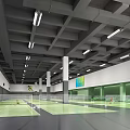Indoor Badminton Court For Fitness With Multiple Green Surfaces Spacious Lighting And Active Players