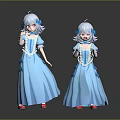Game And Movie Character With Blue Long Dress Light Colored Hair Red Eyes And Bows