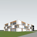 Modern School Building Exterior With Green Lawn Running Track And Children Playing