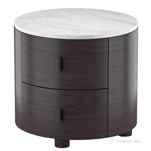 Round Dark Wood Storage Cabinet With Two Drawers And Marble Top 3d model 