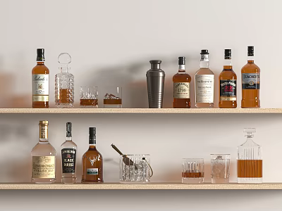 Various Liquor Bottles and Glassware Arranged on Two Wooden Shelves with Bar Tools 3d model