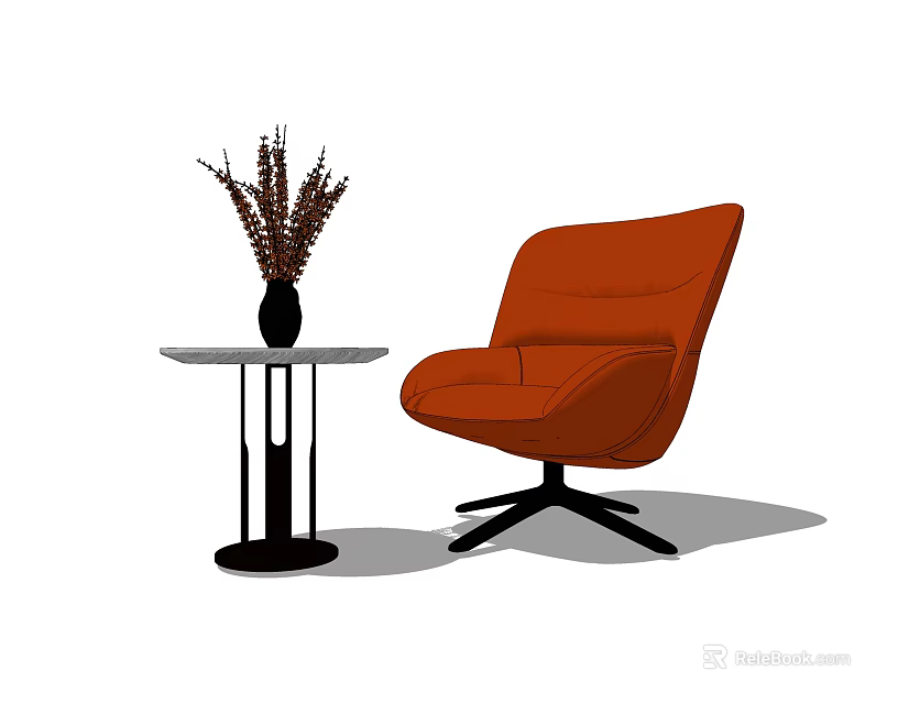 Orange Single Sofa Modern Design with Round Side Table Black Vase Dried Grass 3d model