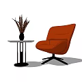 Orange Single Sofa Modern Design with Round Side Table Black Vase Dried Grass 3d model