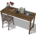 Wooden Desk Setup With Red Lamp Black Lantern Books Vintage Telephone And Chair