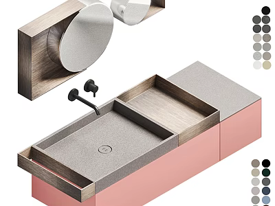 Modern Bathroom Vanity With Pink Cabinet Gray Countertop Round Mirror And Wooden Elements 3d model