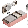 Modern Bathroom Vanity With Pink Cabinet Gray Countertop Round Mirror And Wooden Elements