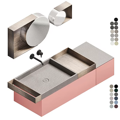 Modern Bathroom Vanity With Pink Cabinet Gray Countertop Round Mirror And Wooden Elements 3d model