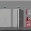 White Safety Exit Doors With Open Door And Green Signs Near Fire Equipment