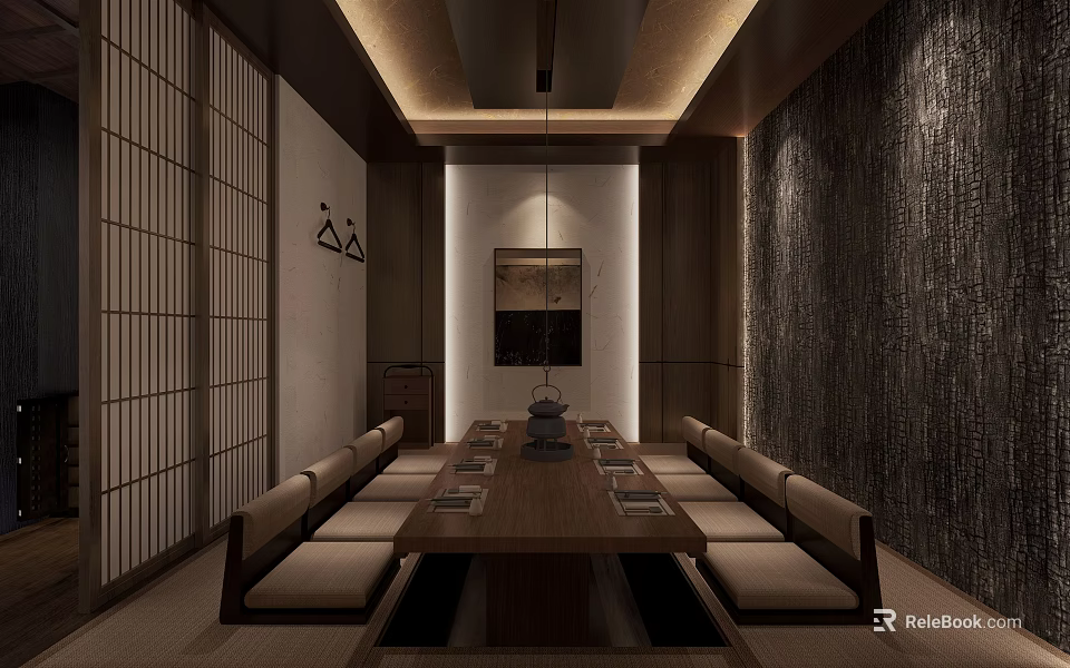 Japanese Style Private Dining Room With Shoji Screens Long Wooden Table And Tatami Seats 3d model 