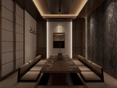 Japanese Style Private Dining Room With Shoji Screens Long Wooden Table And Tatami Seats 3d model