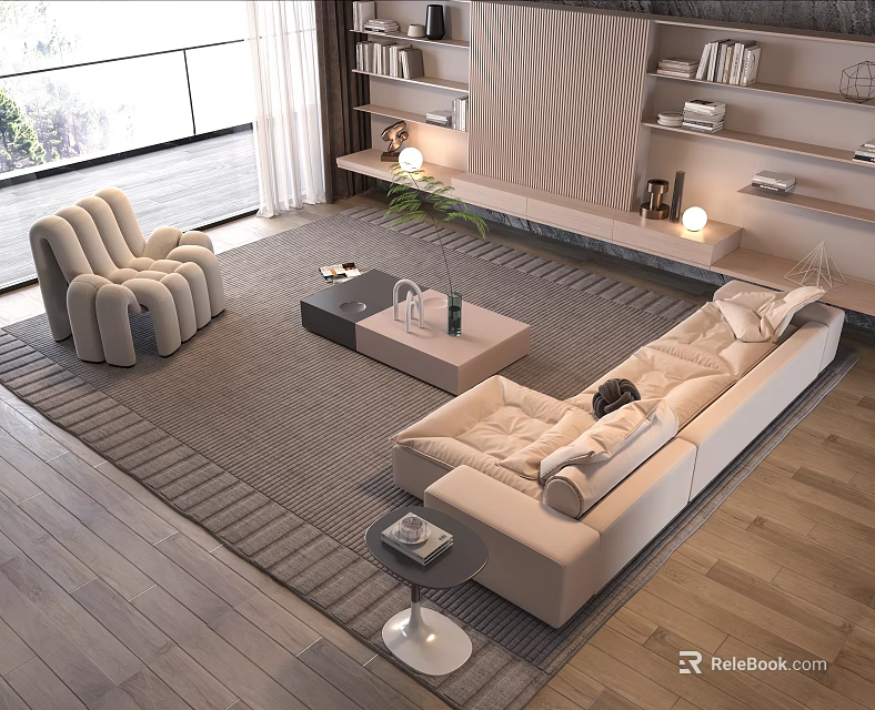 Modern Living Room Interior With Beige Sofa And Coffee Table Set On Wooden Floor 3d model 