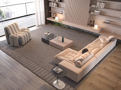 Modern Living Room Interior With Beige Sofa And Coffee Table Set On Wooden Floor 3d model