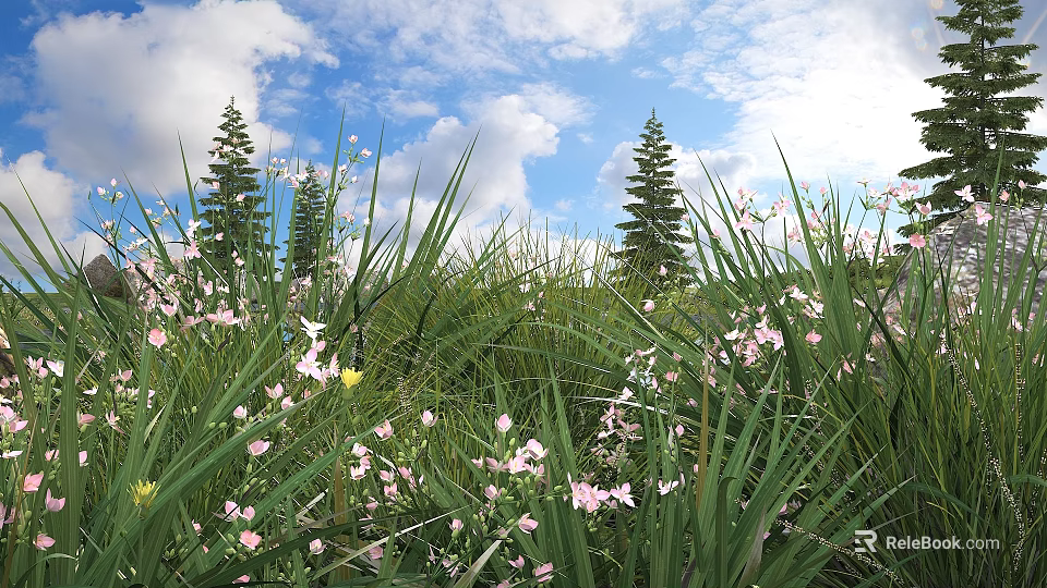 Lush Green Bushes Surrounded by Pink Flowers and Tall Pine Trees Under Blue Sky 3d model 